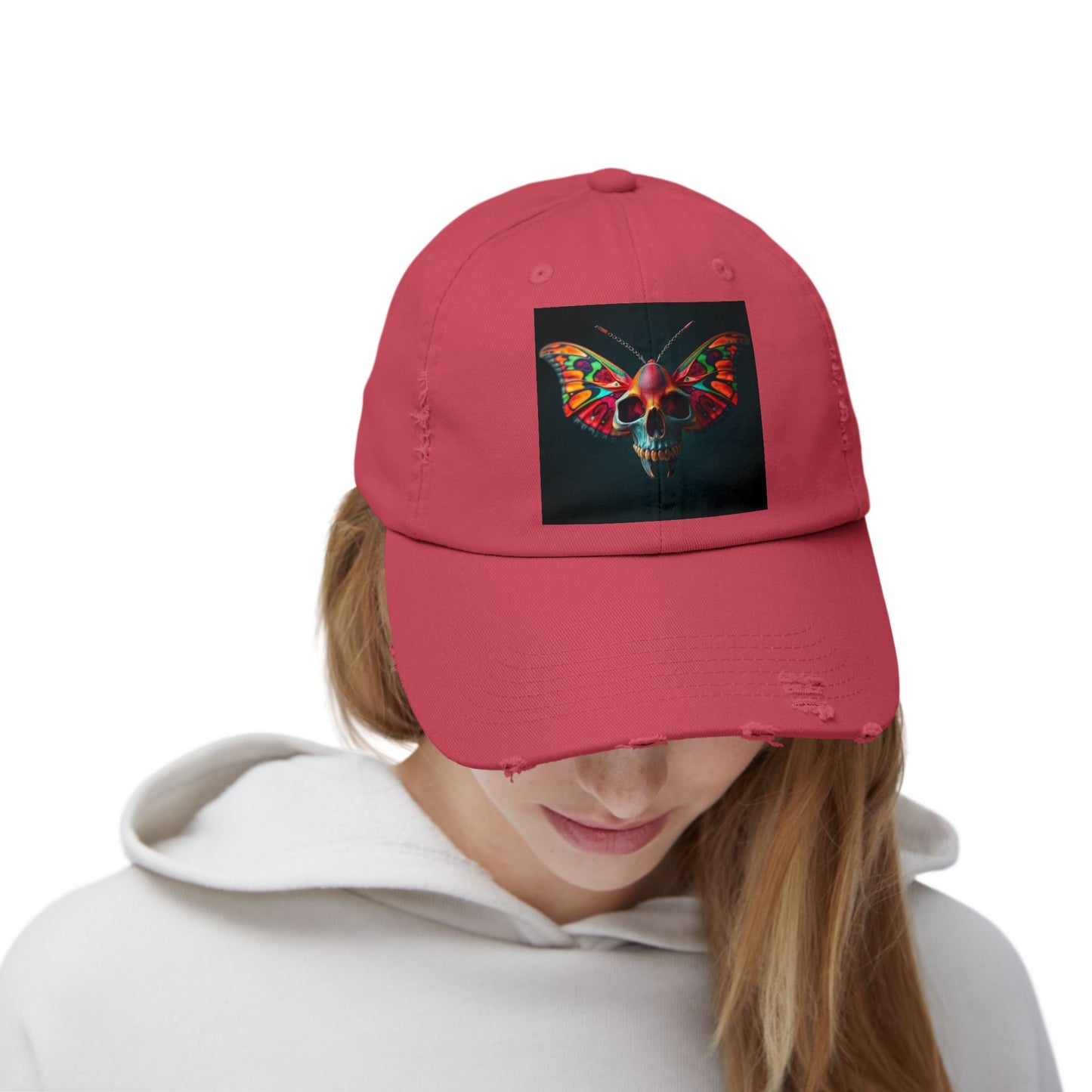 Distressed Cap - Colorful Moth Skull Design