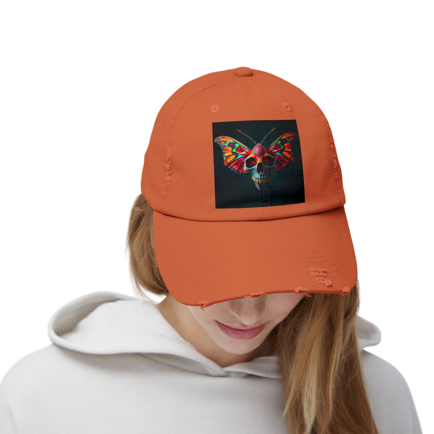 Distressed Cap - Colorful Moth Skull Design