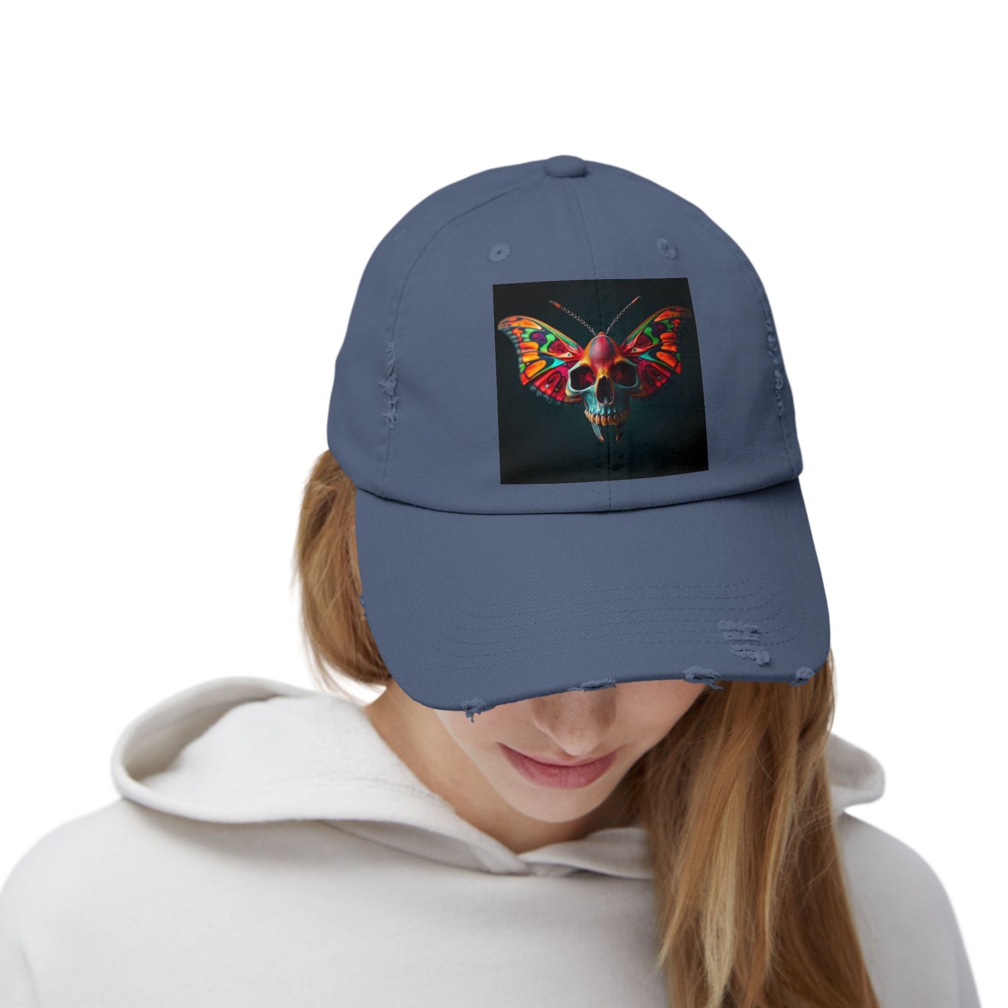 Distressed Cap - Colorful Moth Skull Design