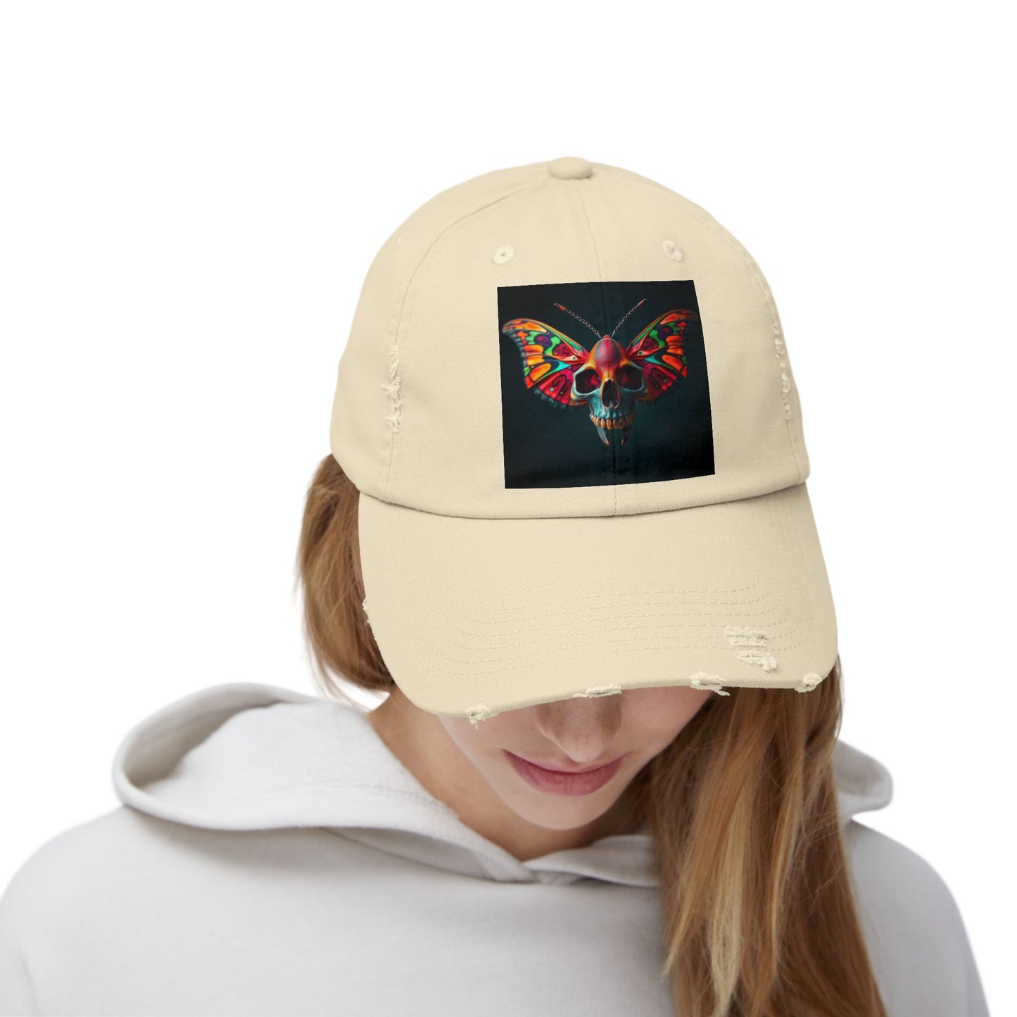 Distressed Cap - Colorful Moth Skull Design