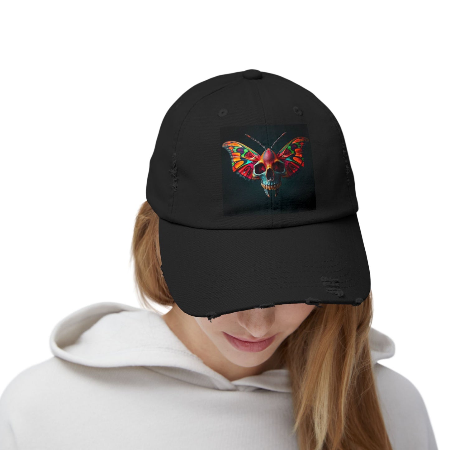 Distressed Cap - Colorful Moth Skull Design