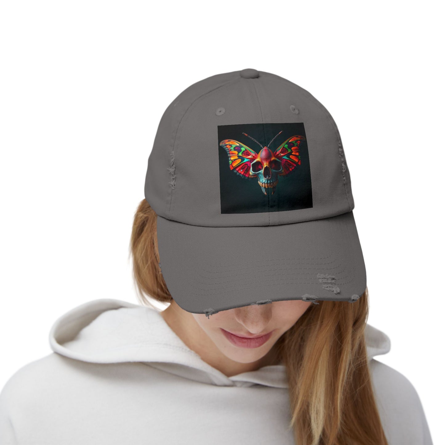 Distressed Cap - Colorful Moth Skull Design